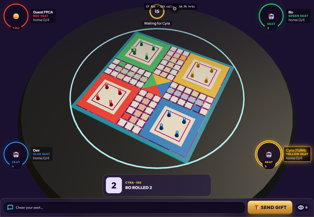 Neon Punk board theme with glowing circuit traces between the classic white Ludo cells