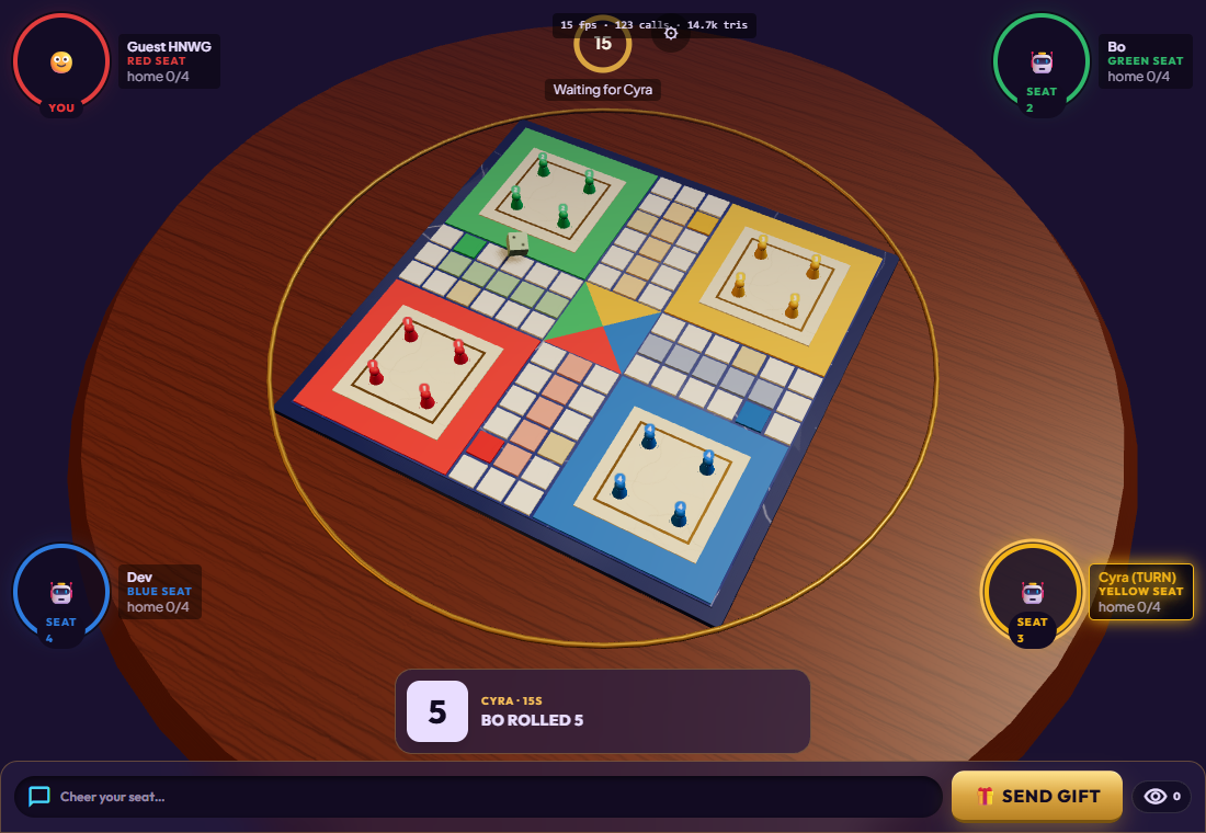 Ludotok 3D Ludo board in the Royal Marble theme with the four coloured bases and the golden trim ring