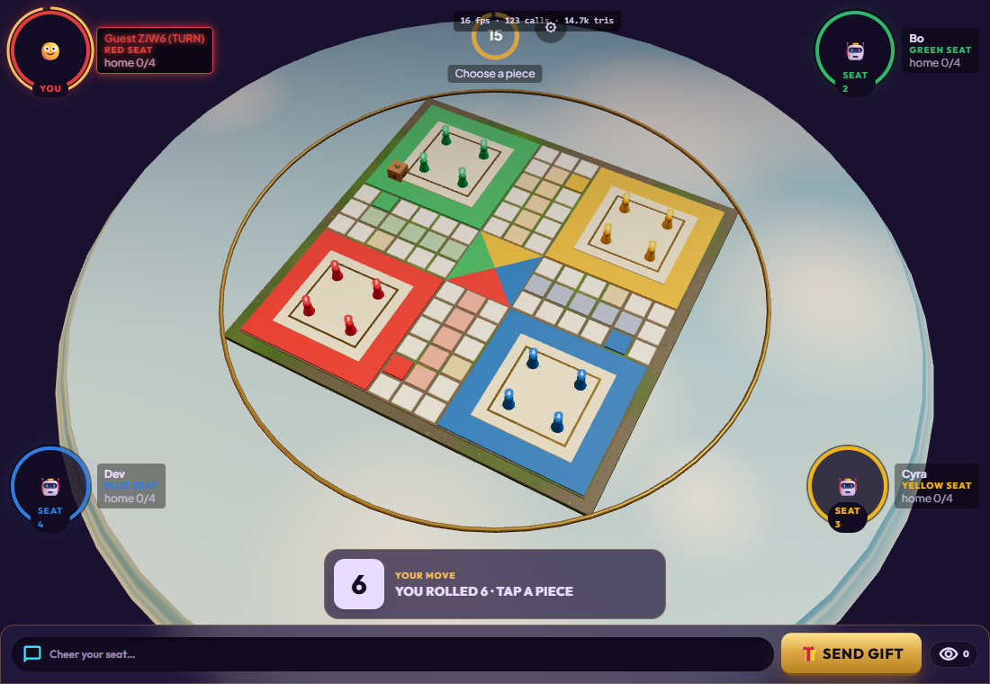 The Ludo track, bases and home columns keep their classic colours on the Sky Islands board theme